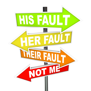 Cartoon illustrating blame shifting between people