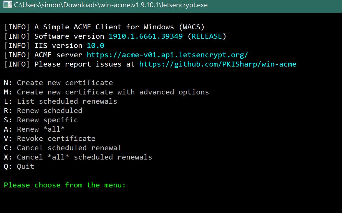 win-acme client prompt to create a new Let’s Encrypt certificate