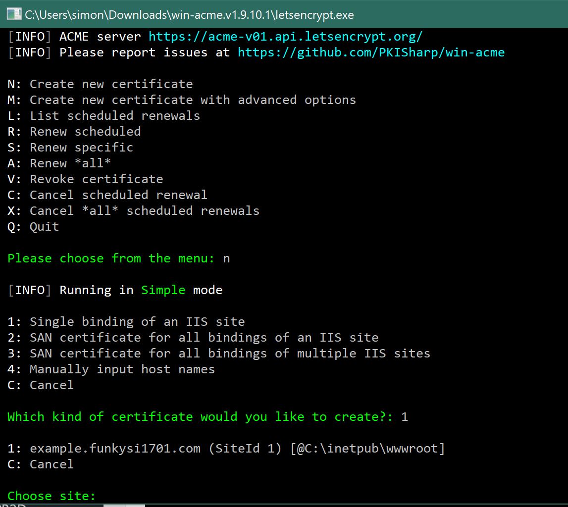 win-acme client prompt to bind a certificate to an IIS website