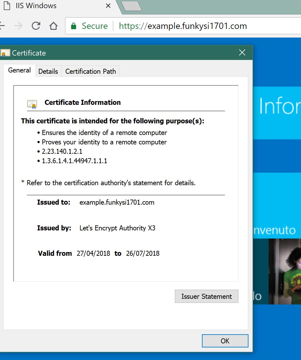 win-acme client confirming Let’s Encrypt certificate setup