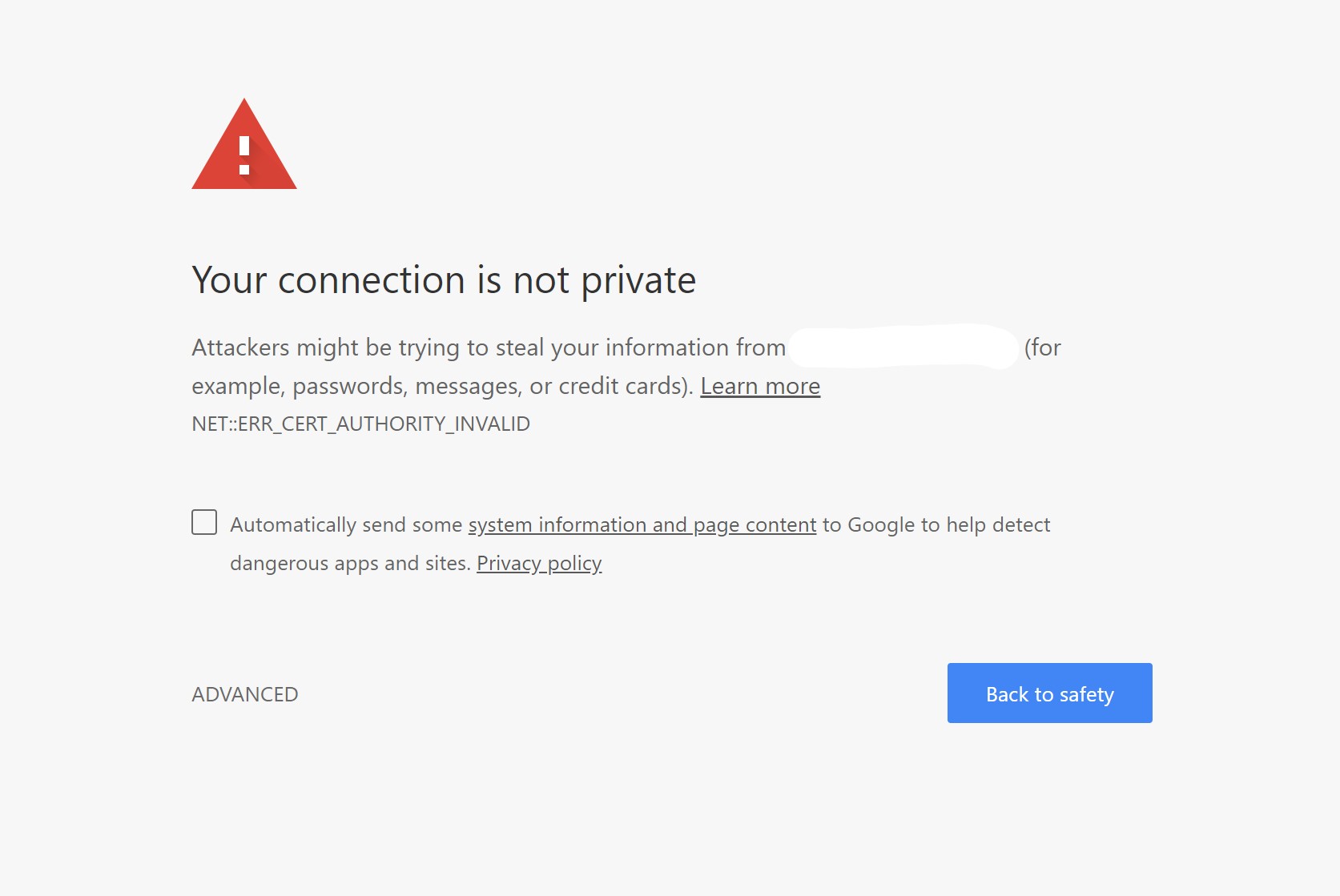 Chrome browser warning that a Symantec SSL certificate is distrusted