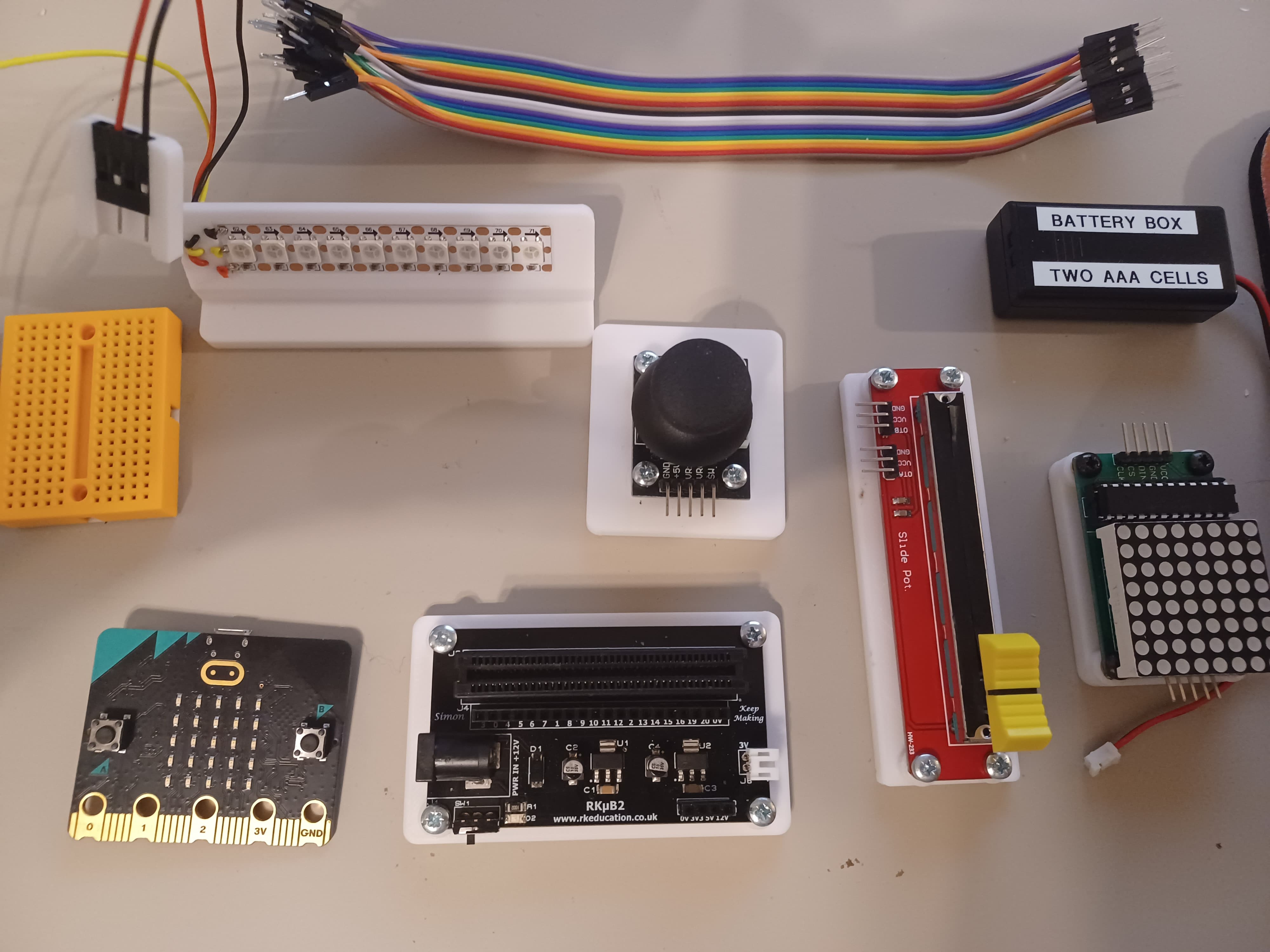 BBC micro:bit accessories including breadboards, cables, battery boxes, a joystick, a NeoPixel LED strip and an 8x8 LED matrix